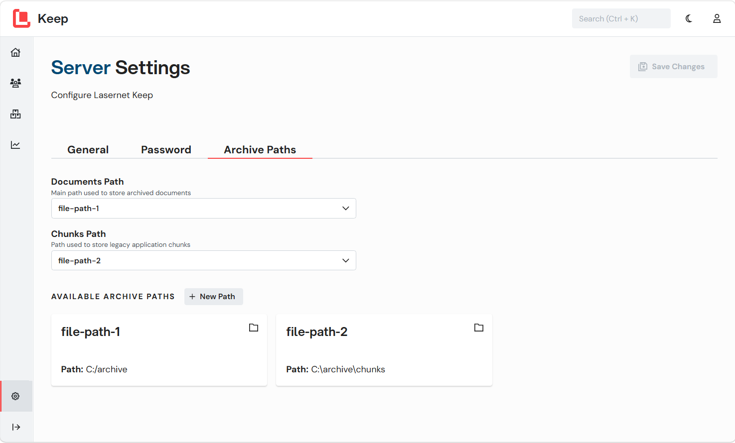 The Archive Paths tab of the Server Settings page.